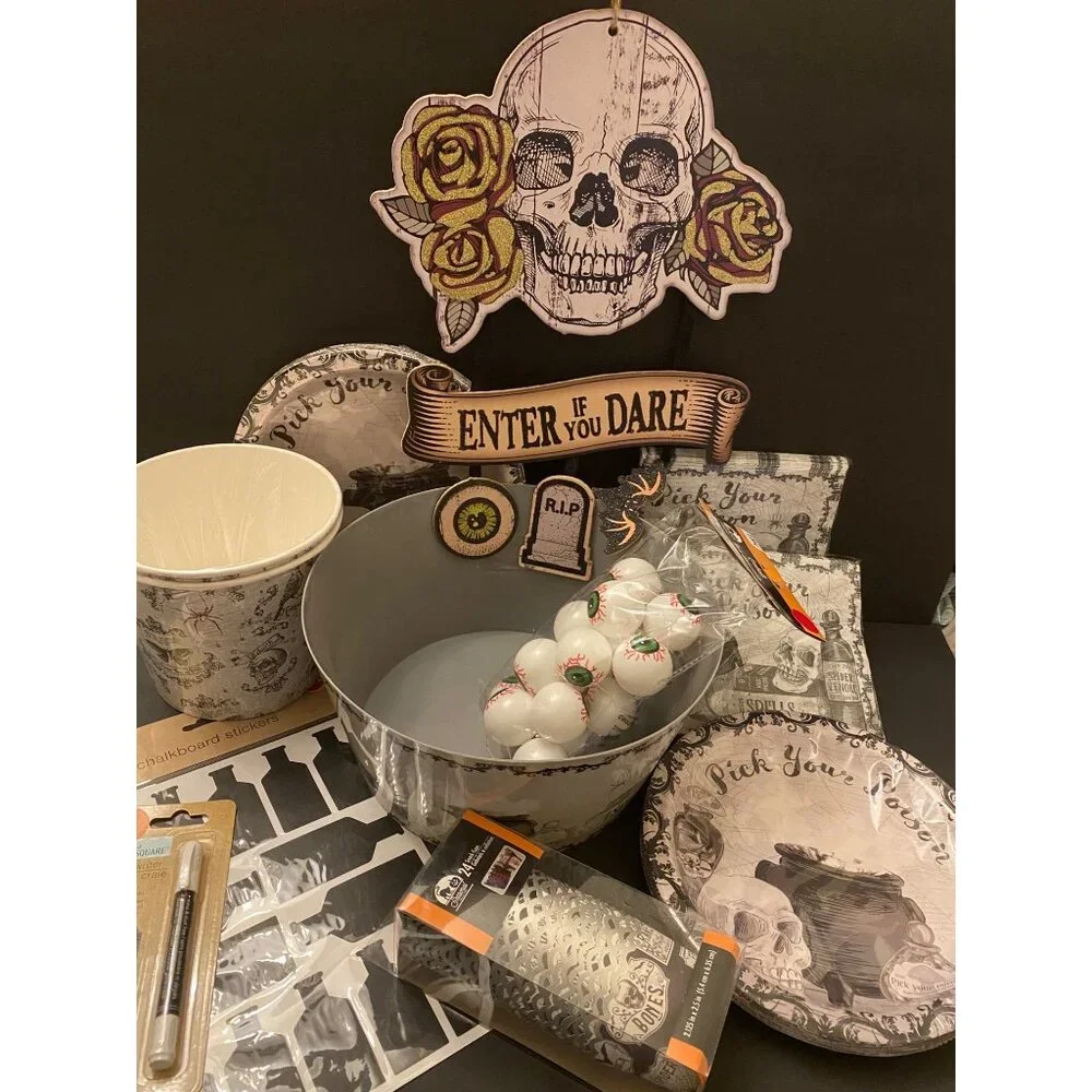 Halloween Party Decor Set For 30 Guests - Plates Napkins Sign Bowls Apothecary